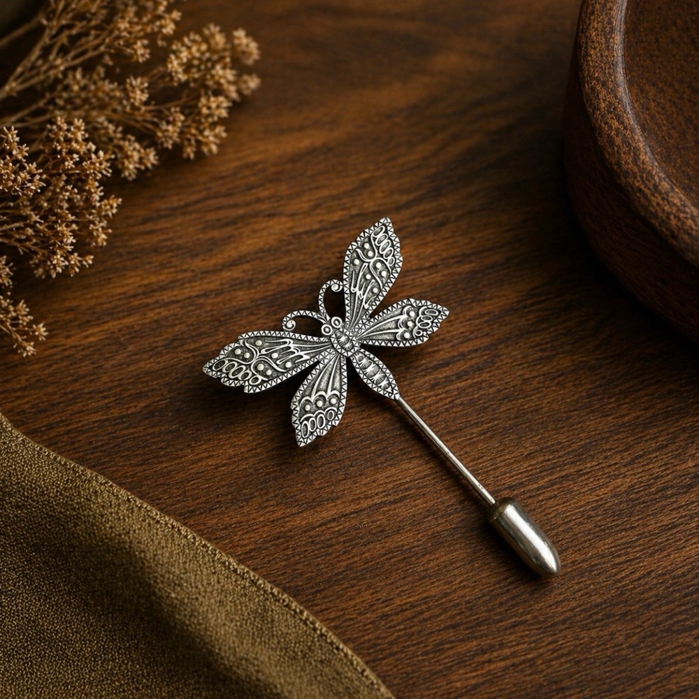 Vintage Butterfly Stick Pin Etched Silver Tone Cottagecore Nature Lapel Hat Pin